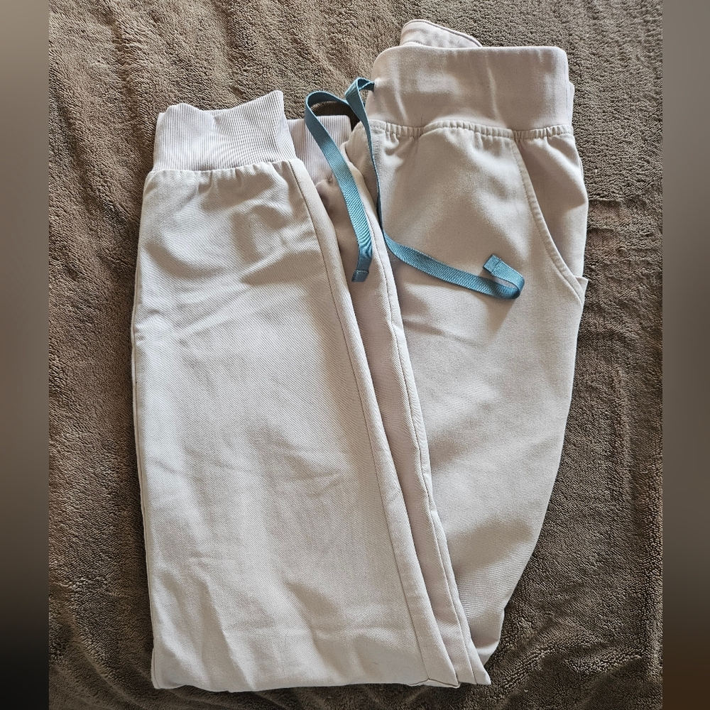 Figs Light Beige Jogger Pants with Blue Drawstring